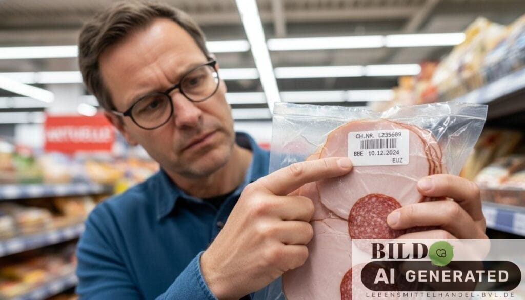Nahaufnahme eines Mannes, der in einer hellen Küche eine Lebensmittelverpackung hält und das Chargennummer-Etikett sowie den Barcode unter dem Licht einer Deckenlampe genau betrachtet, fokussierter Blick, ruhige Wohnküche