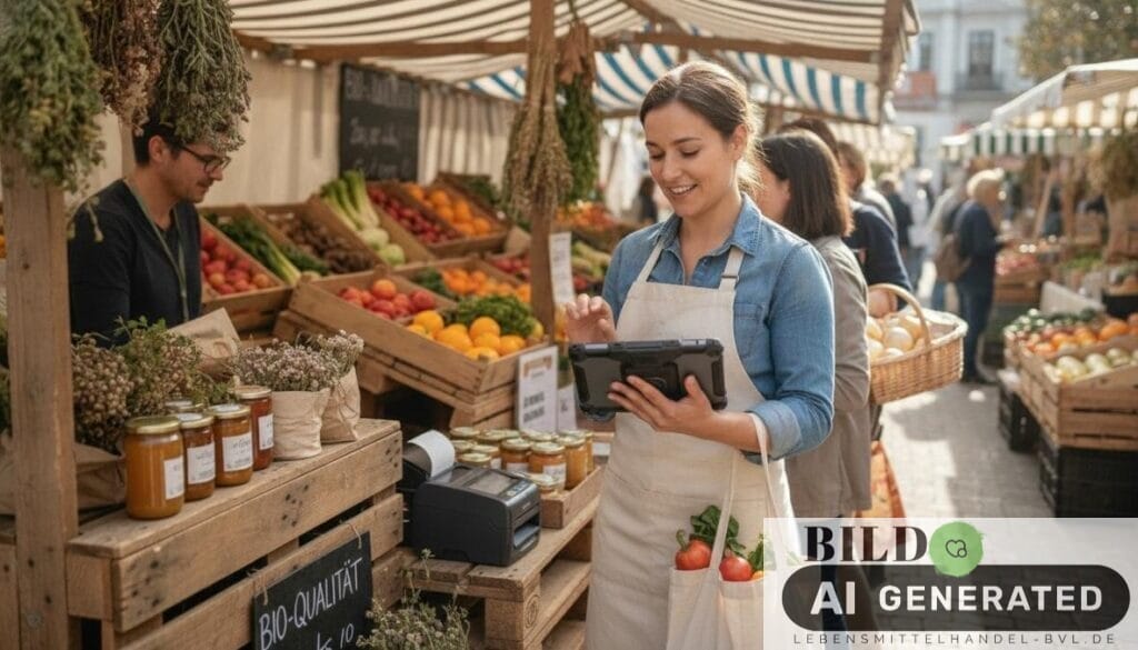 Einzelhandelsmitarbeiter nutzt ein Tablet als alternative Kassensysteme Einzelhandel bei einem Pop-up-Event mit Kunden