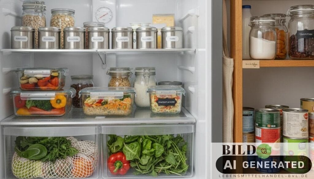 Ordentlich organisierter Kühlschrank mit beschrifteten Glasbehältern als beste Strategien gegen Lebensmittelverschwendung.