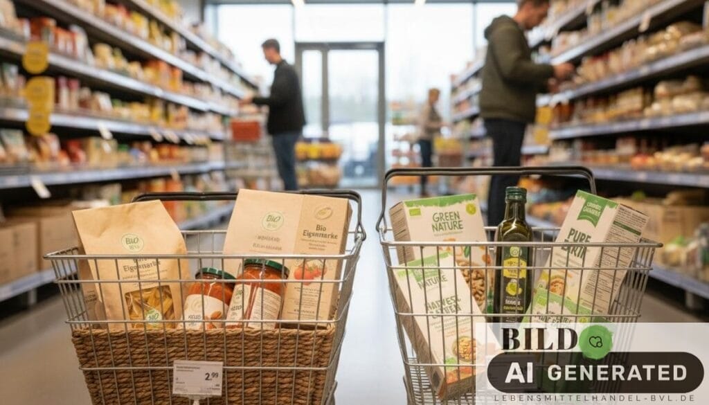 Nahaufnahme von Bio-Produkten verschiedener Bio Eigenmarken und Herstellermarken im Supermarktregal mit Preisschildern.