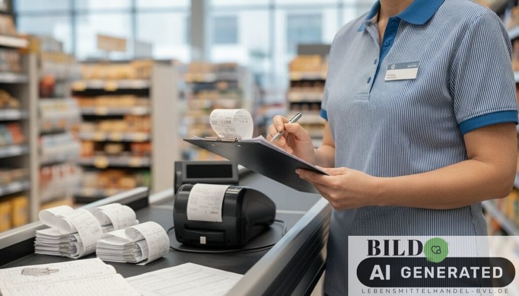 Supermarktleiterin nutzt eine Checkliste für Sicherheit von Kassensystemen und prüft konzentriert einen Kassenbeleg.