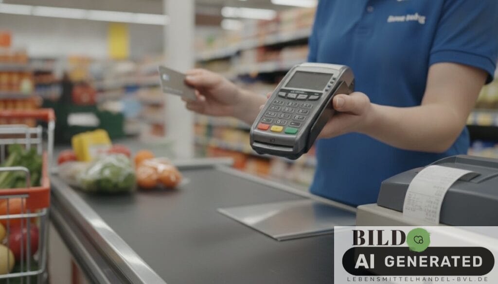 Einzelhandelsangestellter beim bargeldlosen Bezahlen am Terminal als Teil der Cyber Security für Einzelhandel.