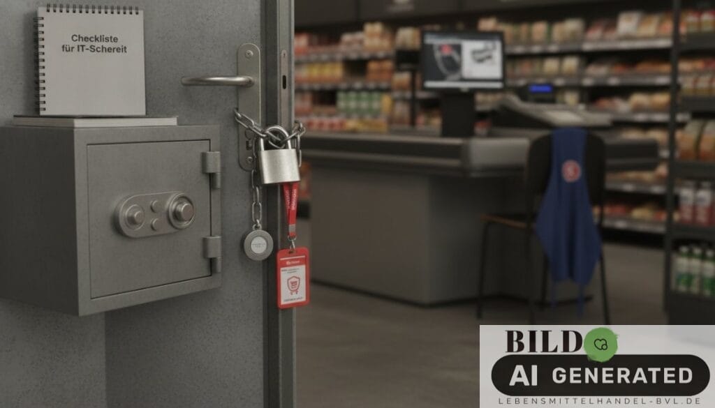 IT-Mitarbeiter prüft Kassensystem zur Umsetzung von Cybersecurity-Maßnahmen für Lebensmitteleinzelhandel im Supermarkt