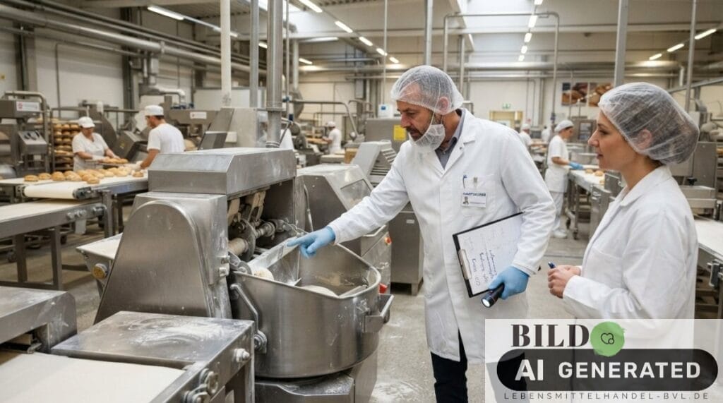 Lebensmittelkontrolleur im weißen Kittel prüft Gemüse zur Einhaltung der Grundsätze Lebensmittelsicherheit in einer Halle.