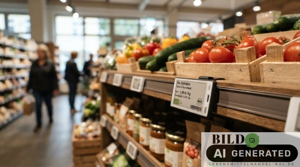 Elektronisches Preisschild am Regal zeigt die Vorteile der digitalen Preisauszeichnung durch klare Produktinformationen.