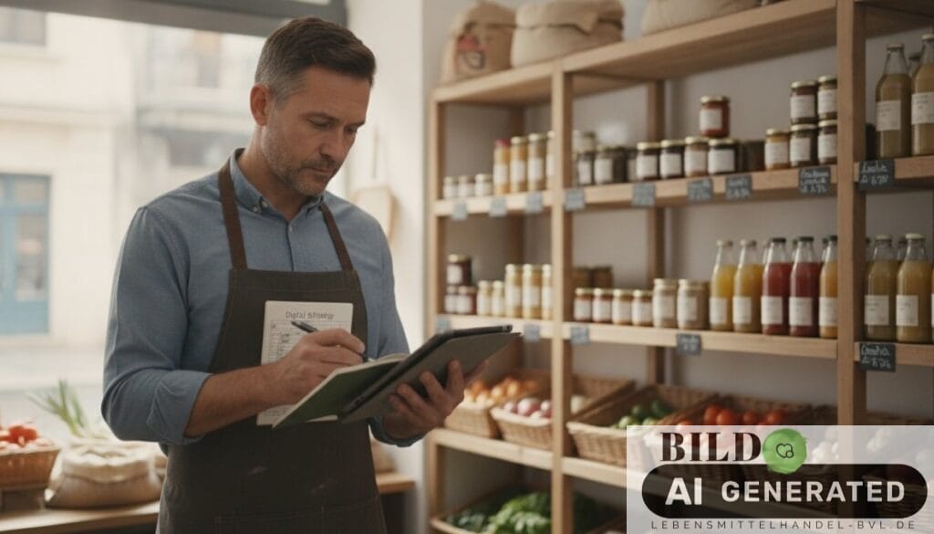Lebensmittelhändler nutzt Tablet für die digitale Transformation im Lebensmittelhandel für Anfänger in seinem kleinen Biol...