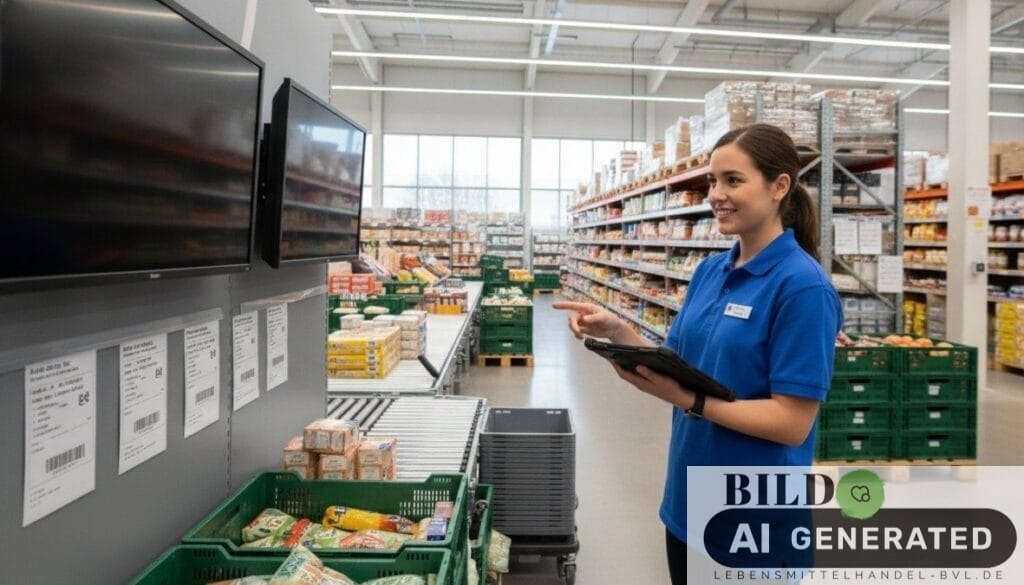Supermarkt-Mitarbeiter nutzt ein Tablet zur Bestandsverwaltung als Teil der digitale Transformierung im Lebensmittelhandel.