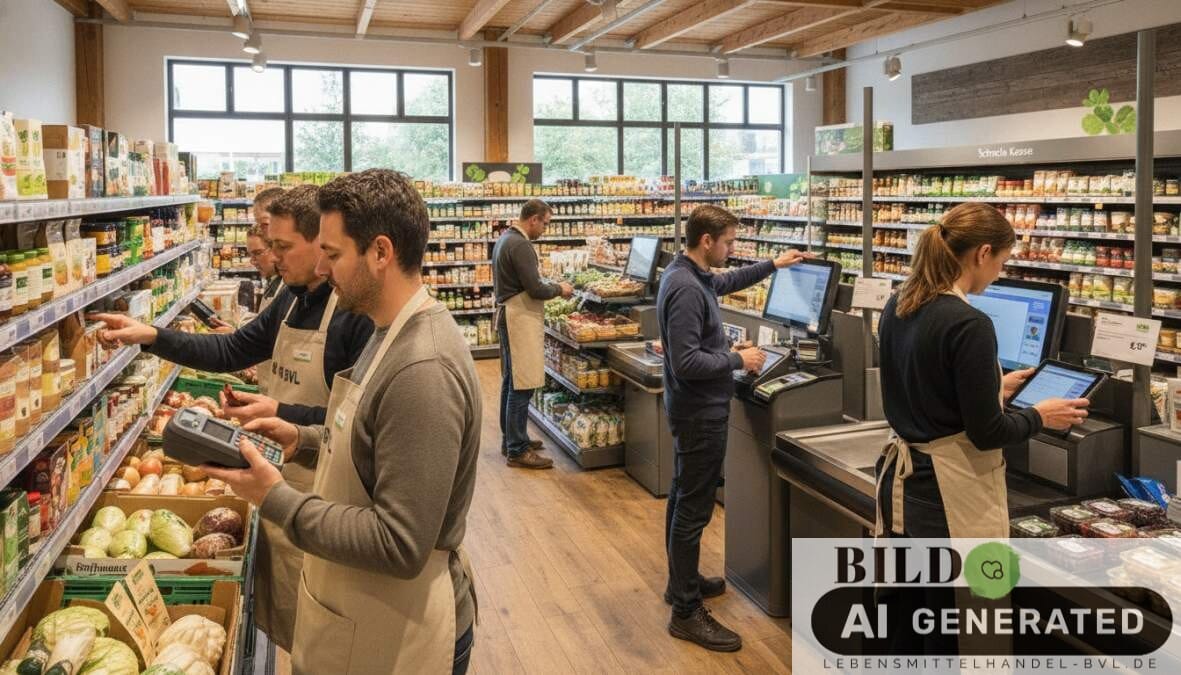 Mitarbeiter scannt Produkte mit MDE-Gerät an moderner Kasse als Praxisbeispiel für digitale Transformation im Lebensmittel...