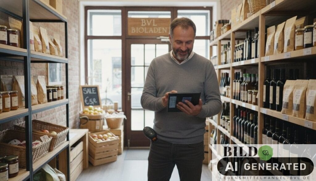 Ladeninhaber nutzt ein Tablet für die digitale Warenwirtschaft kleine läden, während er Regale mit Produkten kontrolliert.