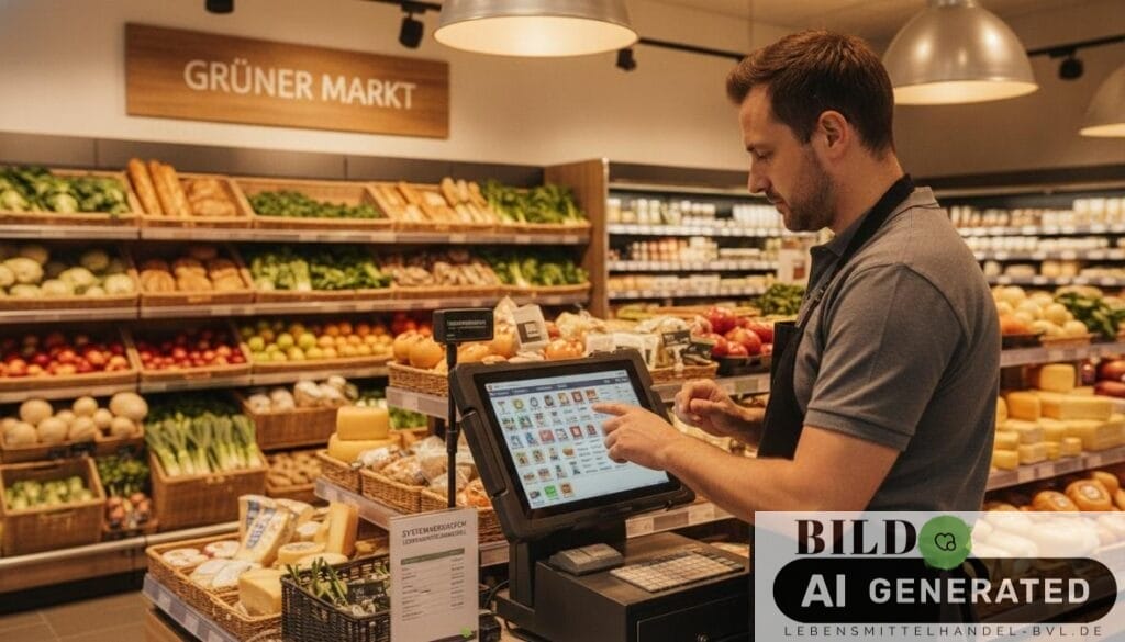 Lebensmittelhändler nutzt ein Tablet für digitale Warenwirtschaft für Lebensmittelhändler kaufen in einem modernen Markt.