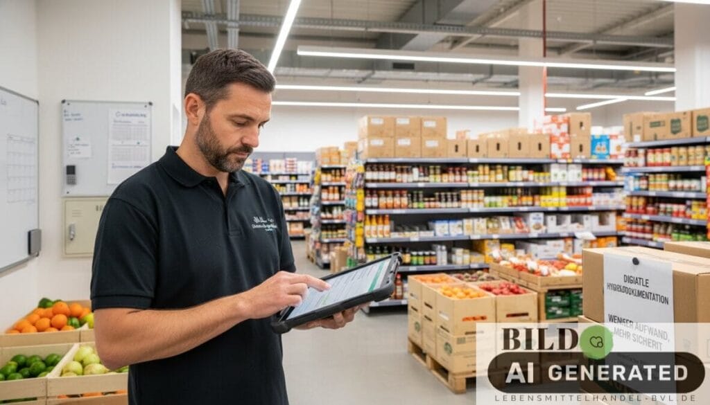 Supermarktleiter nutzt ein Tablet zur digitalen Hygienedokumentation, um die Dokumentationspflicht für Lebensmittelhändler...