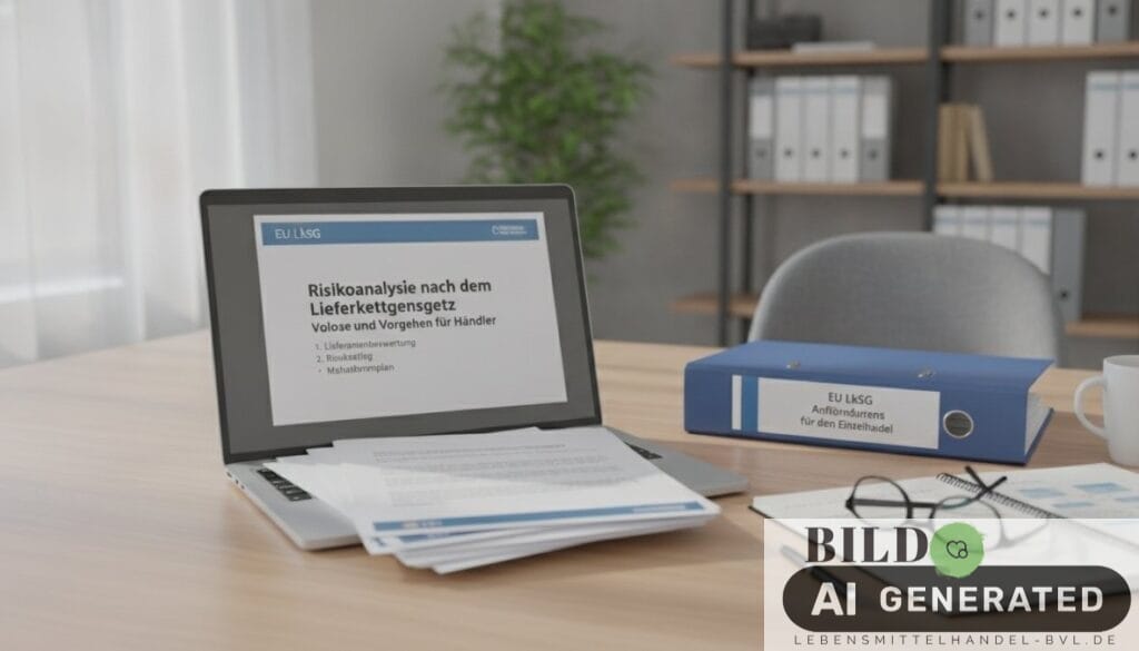 Geschäftsperson prüft Lieferantendokumente für das EU Lieferkettengesetz Anforderungen für Einzelhandel am Schreibtisch.