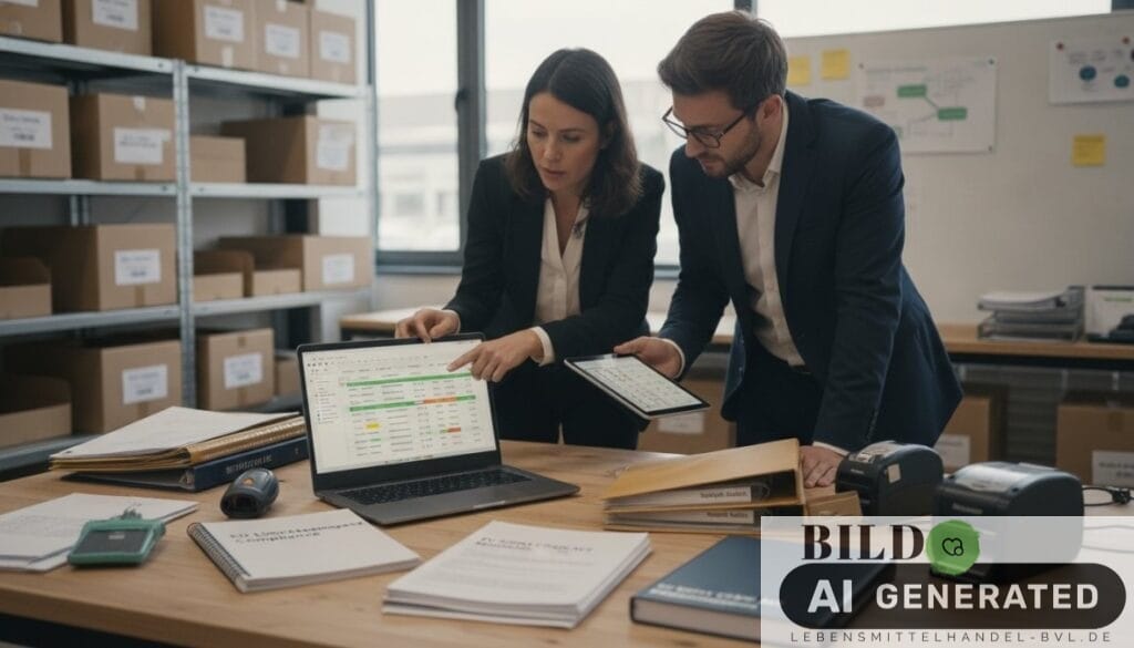 Einzelhandelsmanager und Compliance-Experte prüfen Lieferantendaten und EU Lieferkettengesetz Anforderungen für Einzelhand...