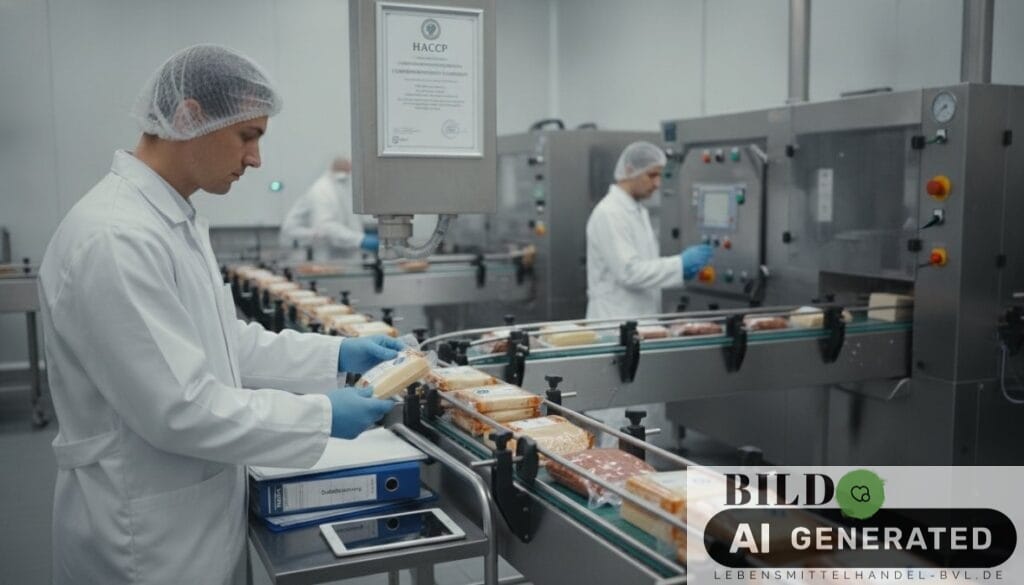 Fachkraft für Lebensmittelsicherheit werden: Person im Kittel kontrolliert Produkte an einer modernen Produktionslinie