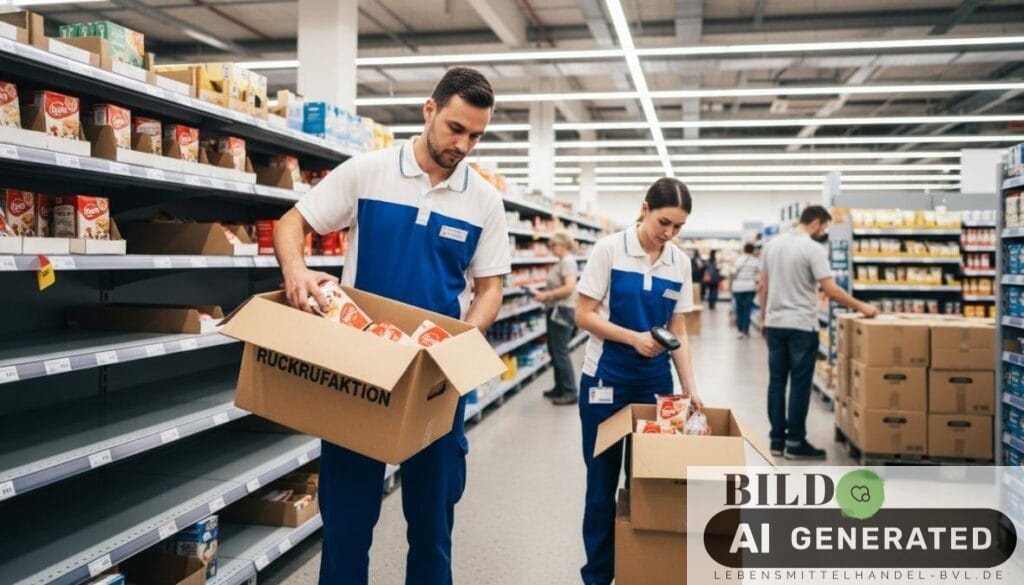 Supermarktmitarbeiter räumt Produkte für eine Beratung für Krisenmanagement im Lebensmittelhandel sorgfältig in einen Karton.