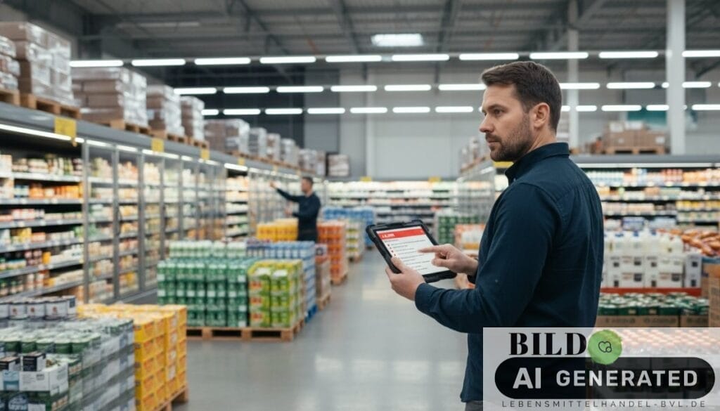 Logistikmanager nutzt Tablet mit Krisenmanagement Software für Lebensmittelhandel Vergleich in einem Supermarktlager.