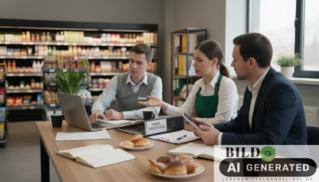 Einzelhandelsmitarbeiter prüfen einen digitalen Notfallplan am Laptop als Teil der krisenmanagement software für lebensmit...