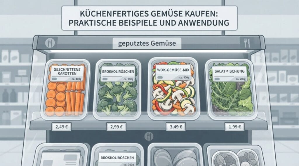 Infografik zeigt die küchenfertig Bedeutung anhand von Beispielen wie geschnittenen Karotten und Salat in Supermarktboxen.