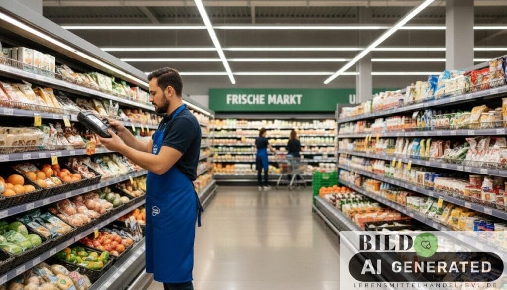 Supermarktmitarbeiter nutzt Handscanner zur Bestandsoptimierung im Lebensmittelhandel Branchentrends 2025