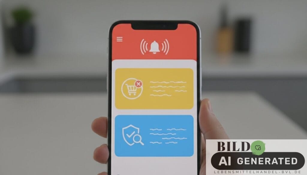 Nahaufnahme von Händen, die ein Smartphone halten, auf dem eine Lebensmittelwarnung-Website geöffnet ist, im unscharfen Hintergrund sind Supermarktregale mit Produkten zu sehen
