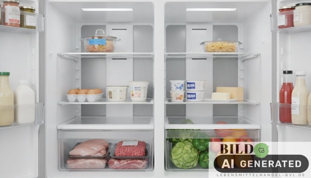 Geöffneter Kühlschrank mit Lebensmitteln zur Lebensmittelsicherheit für Verbraucher erklärt: Fleisch unten, Milch und Gemü...