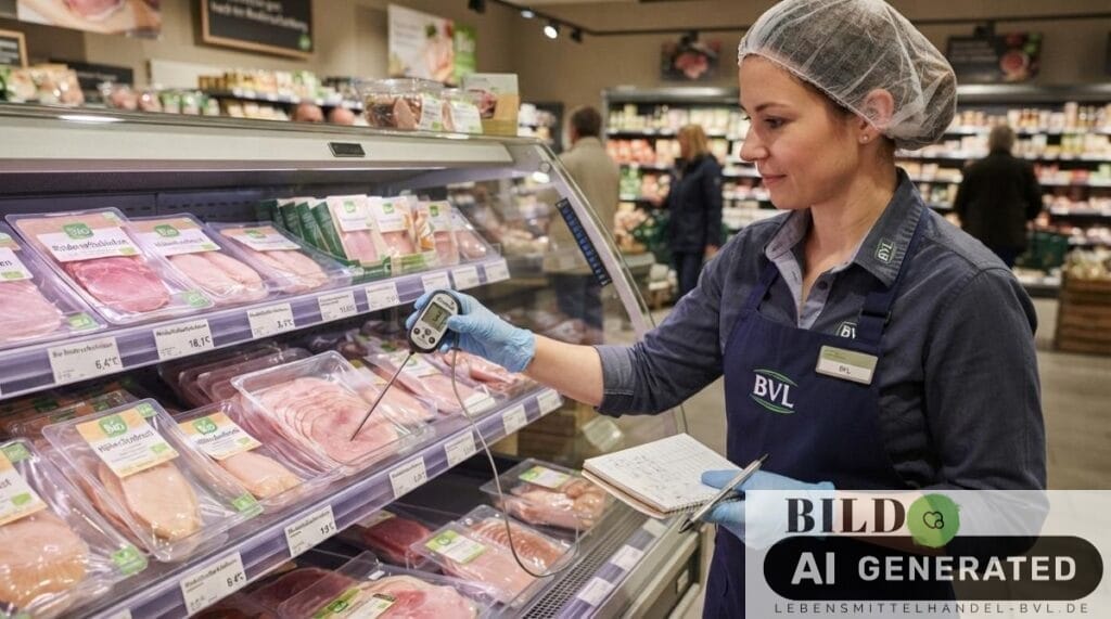 Mitarbeiter prüft die Temperatur einer Kühlvitrine für die Lebensmittelsicherheit Handel mit einem digitalen Thermometer.