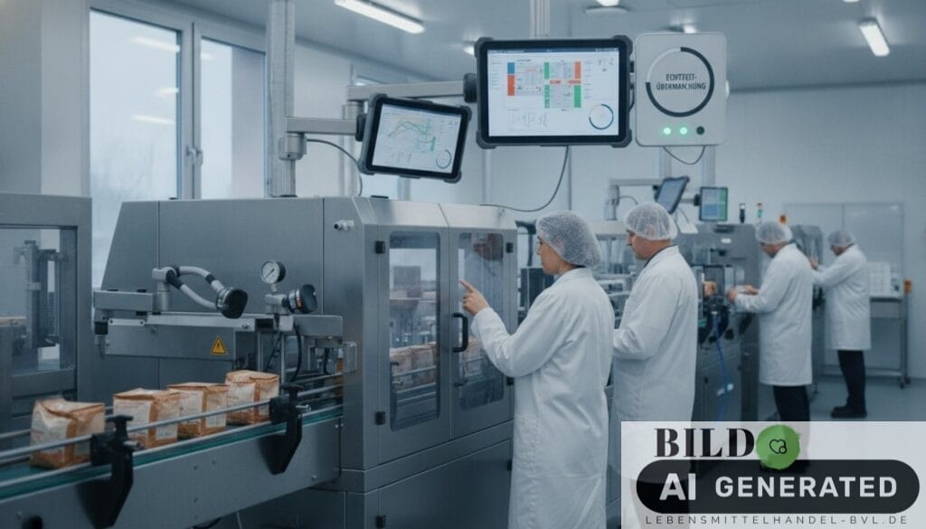 Techniker überwachen moderne Lebensmittelproduktion mit Sensoren für lebensmittelsicherheit und verbraucherschutz trends
