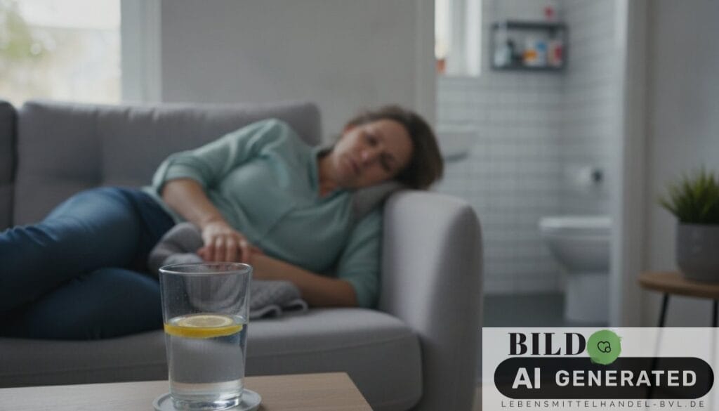 Person mit Lebensmittelvergiftung was tun: Eine Person sitzt mit einem Glas Wasser auf dem Sofa, im Hintergrund das Badezi...