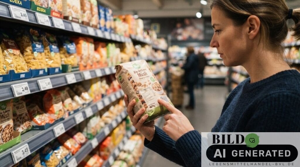 Eine Hand prüft im Supermarkt bei einem Produkt die Grammatur, um eine mögliche Mogelpackung des Jahres zu entlarven.