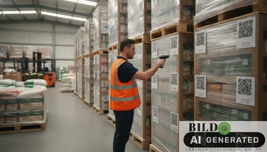 Lagerarbeiter scannt QR-Codes auf Paletten für eine nachhaltige Lieferkette im Lebensmittelhandel aufbauen im Kühlhaus.
