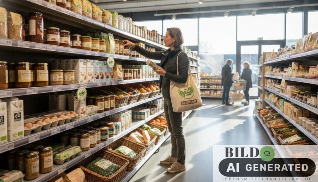Kundin in einem Supermarkt vergleicht zwei Produkte mit Nachhaltigkeitslabeln für Studien zu Nachhaltigkeit im Lebensmitte...