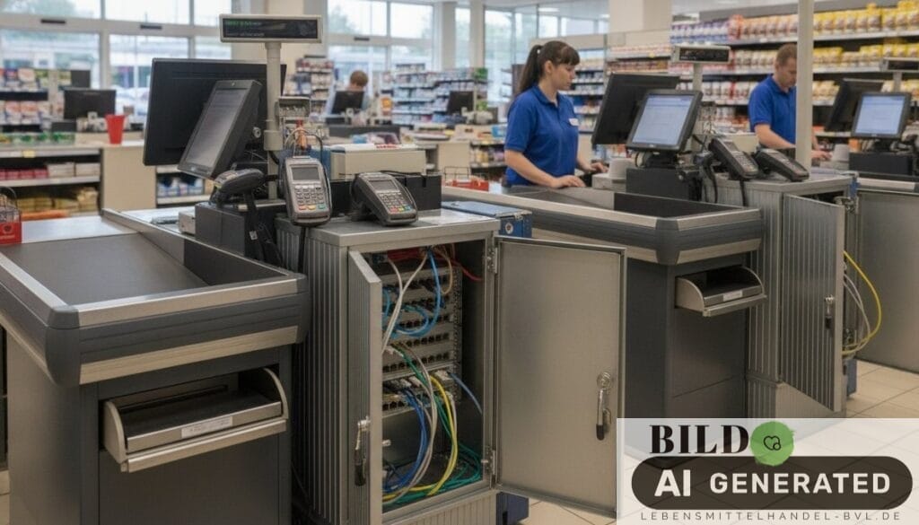 Mitarbeiter an einer Kasse in einem modernen Laden als Teil vom Ransomware Schutz für Kassensysteme im Handel.