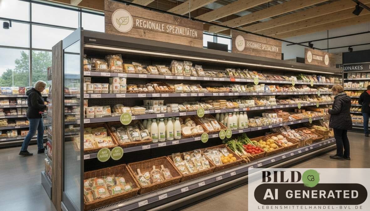 Kundin betrachtet im Supermarkt regionale Produkte, die zur besseren Vermarktung mit Herkunftskennzeichnungen präsentiert ...