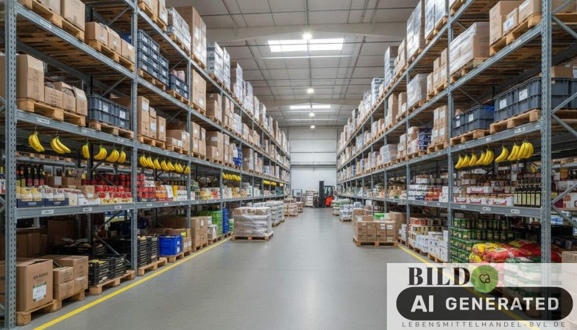 Qualitätsmanager in einer Lebensmittelproduktionsanlage überprüft Chargendaten auf einem Tablet, umgeben von beschrifteten Lagerboxen und Regalen in einer sauberen Lagerumgebung, helles Industrielicht