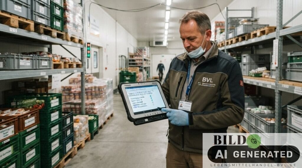 Lebensmittelkontrolleur prüft Werte für Software für Lebensmittelsicherheit im Test auf einem Tablet in einem Kühlhaus.