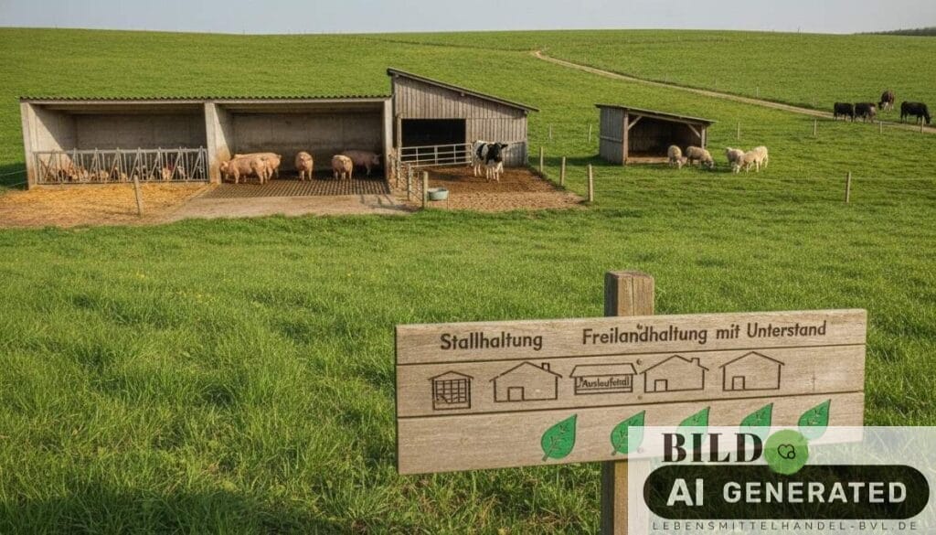 Vergleich von Haltungsformen für die Tierwohl Kennzeichnung 2026 für Händler erklärt: Stallhaltung bis Weidegang im Freien.