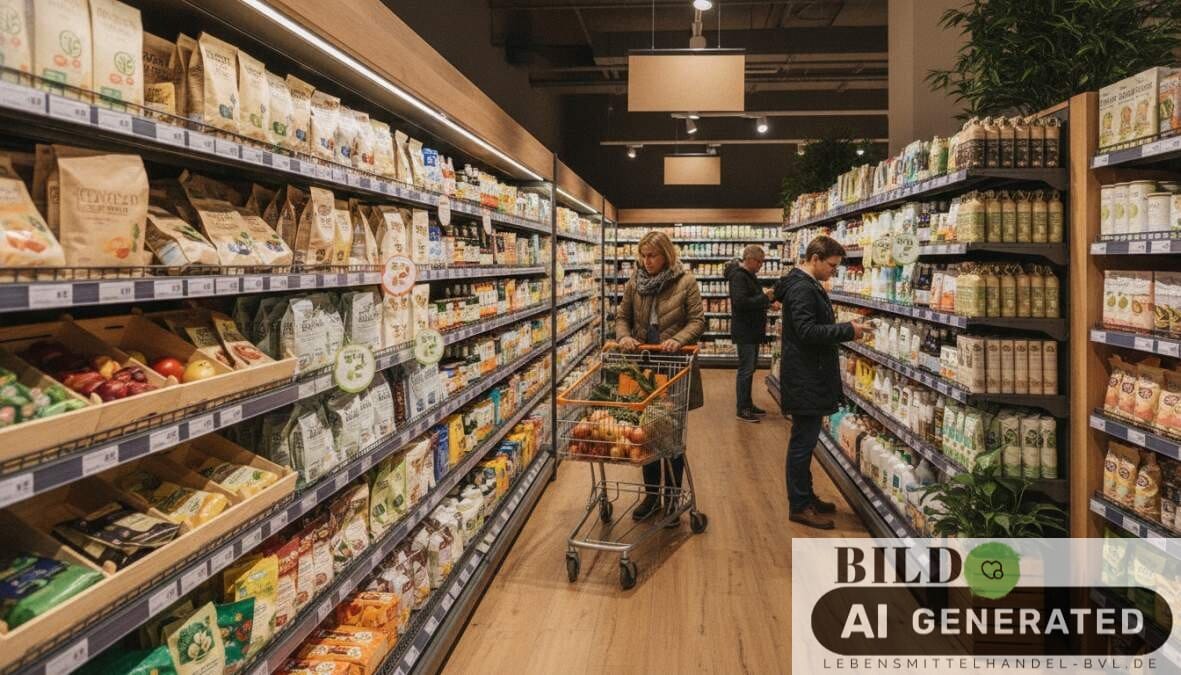 Modernes Supermarktregal mit Bio-Produkten und Nachhaltigkeitssiegeln, um den Umsatz steigern durch nachhaltiges Sortiment.