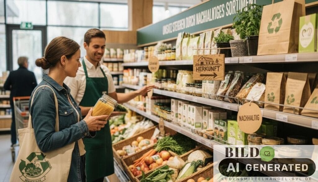 Lebensmittelhändlerin erklärt einer Kundin am Regal regionale Produkte mit Bio-Siegeln, um den Umsatz steigern durch nachh...