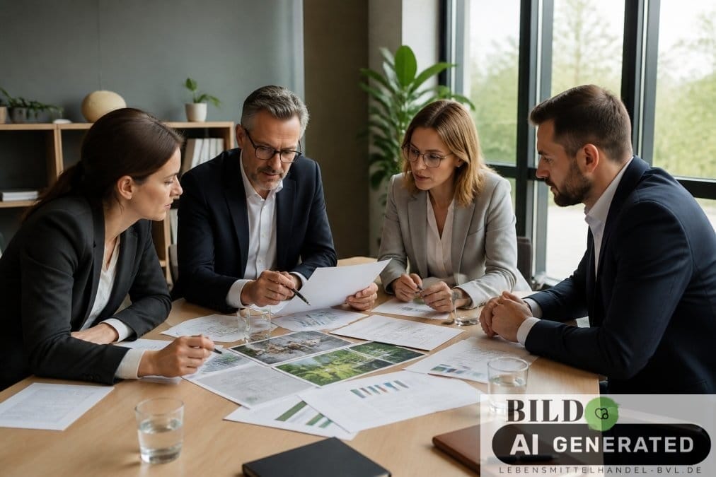 Handelsentscheider besprechen bei der Suche nach Lebensmittelzeitung Alternativen Markttrends in einem modernen Büro.