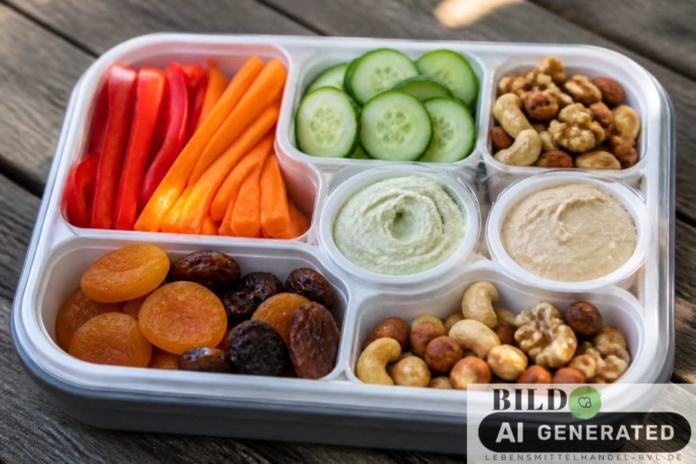 Eine mit frischem Gemüse, Nüssen und Dips gefüllte Snack-Box als gesunde basische Snacks unterwegs auf einem Holztisch.