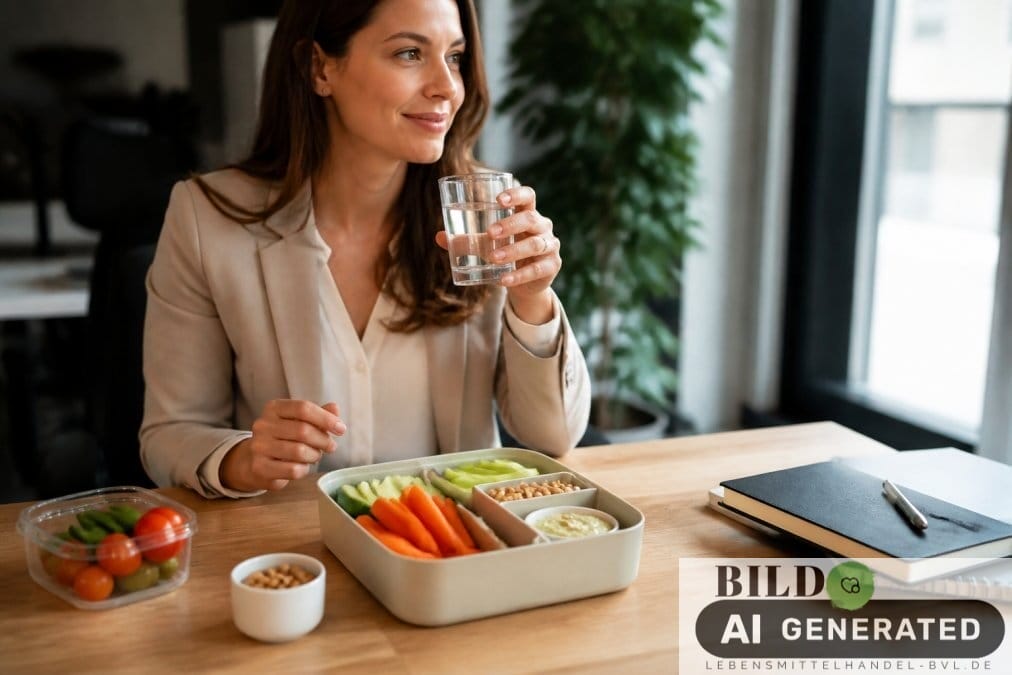Berufstätige Person am Arbeitsplatz mit einer Lunch-Box voller basische Snacks unterwegs sowie einem Glas frischem Wasser.
