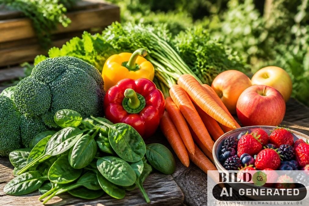 Frisches Obst und Gemüse wie Brokkoli und Beeren für einen basischer ernährungsplan woche auf einem rustikalen Holztisch.