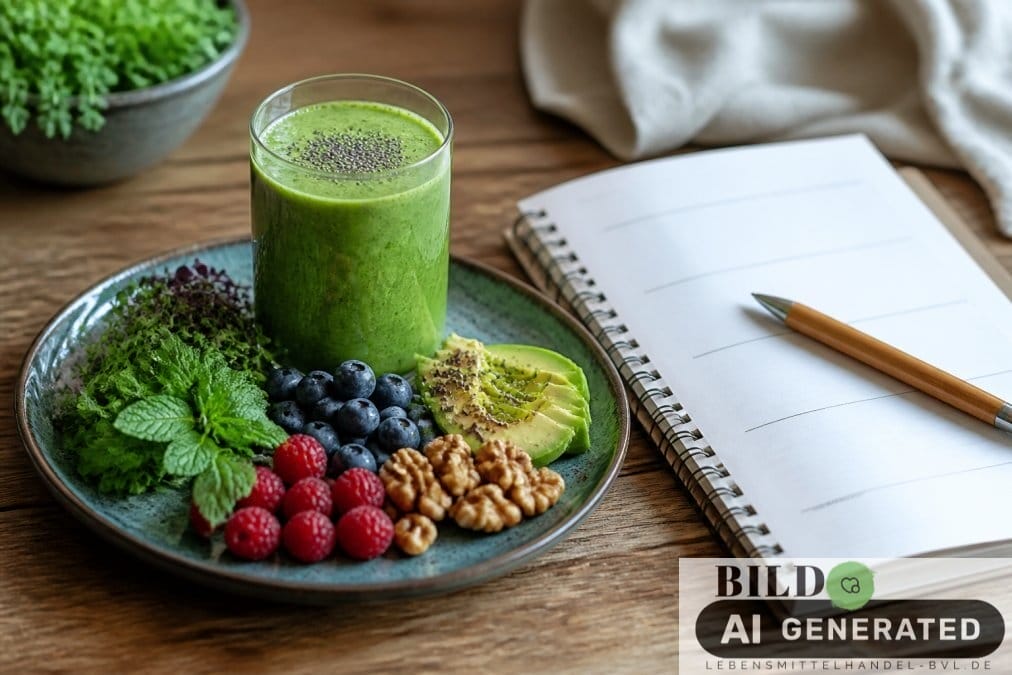 Frühstücksteller mit grünem Smoothie und Beeren neben einem Notizbuch für den basischen Ernährungsplan Woche.