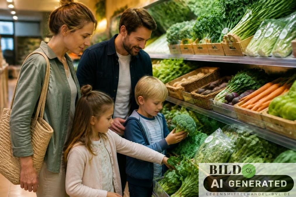 Familie beim Einkauf von Bio-Lebensmitteln im Supermarkt passend zu den Bio-Konsumtrends 2026 mit sichtbaren Bio-Siegeln am