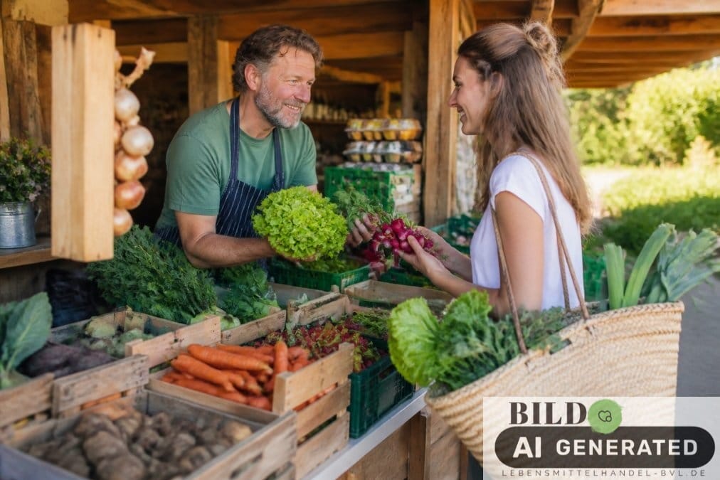 Verkäufer und Kundin auf einem sonnigen Bauernmarkt beim Kauf von regionalen Bio-Produkten mit Bio-Siegeln für