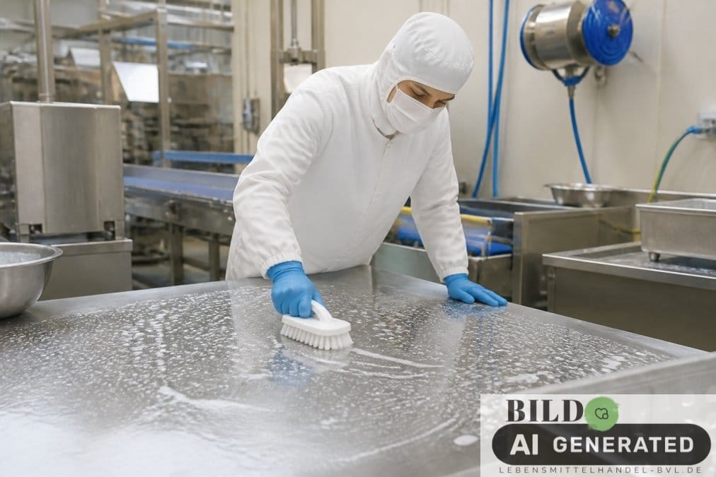 Mitarbeiter in Schutzkleidung reinigen Arbeitsflächen für die 3 Säulen Lebensmittelsicherheit in einer Produktionsstätte.
