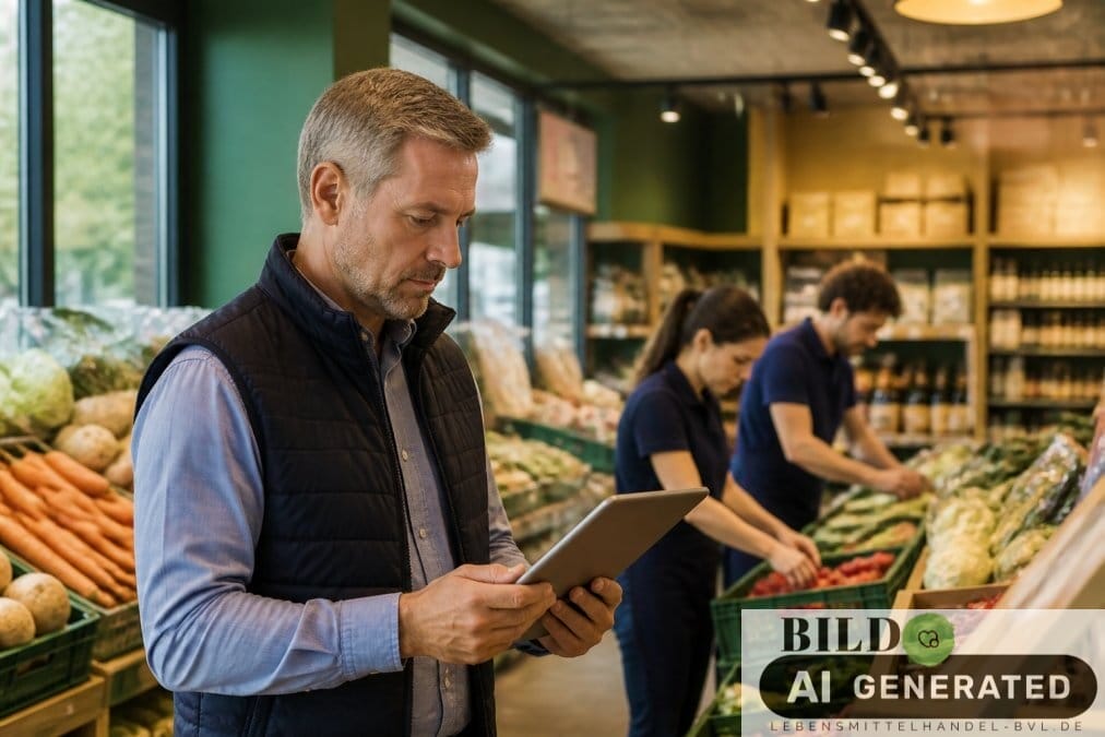 Filialleiter prüft per Tablet die digitale Zeiterfassung Einzelhandel bei der Schichtplanung inmitten seines Teams.