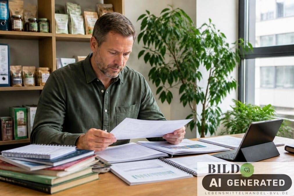 Geschäftsführer analysiert Marktberichte für EHI Alternativen Lebensmittelhändler an seinem Schreibtisch mit Tablet und