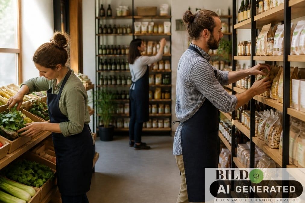 Mitarbeiter arrangieren Bio-Produkte für EHI Alternativen Lebensmittelhändler in einem hellen, modernen Supermarktregal.