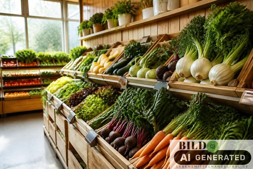 Moderne Bio-Obst- und Gemüseabteilung mit regionalen Produkten als Teil der Ernährungstrends 2026 in einem hellen Supermarkt.